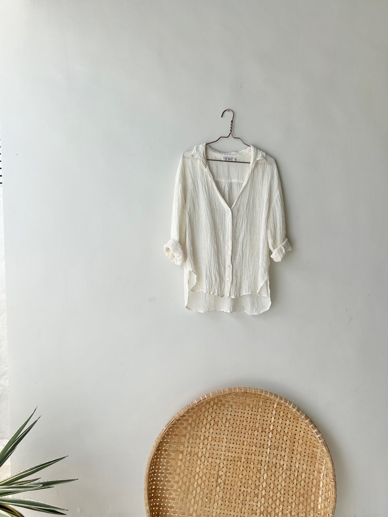 The Linen Crinkle V Neck Button Shirt - Natural