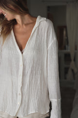 The Linen Crinkle V Neck Button Shirt - Natural