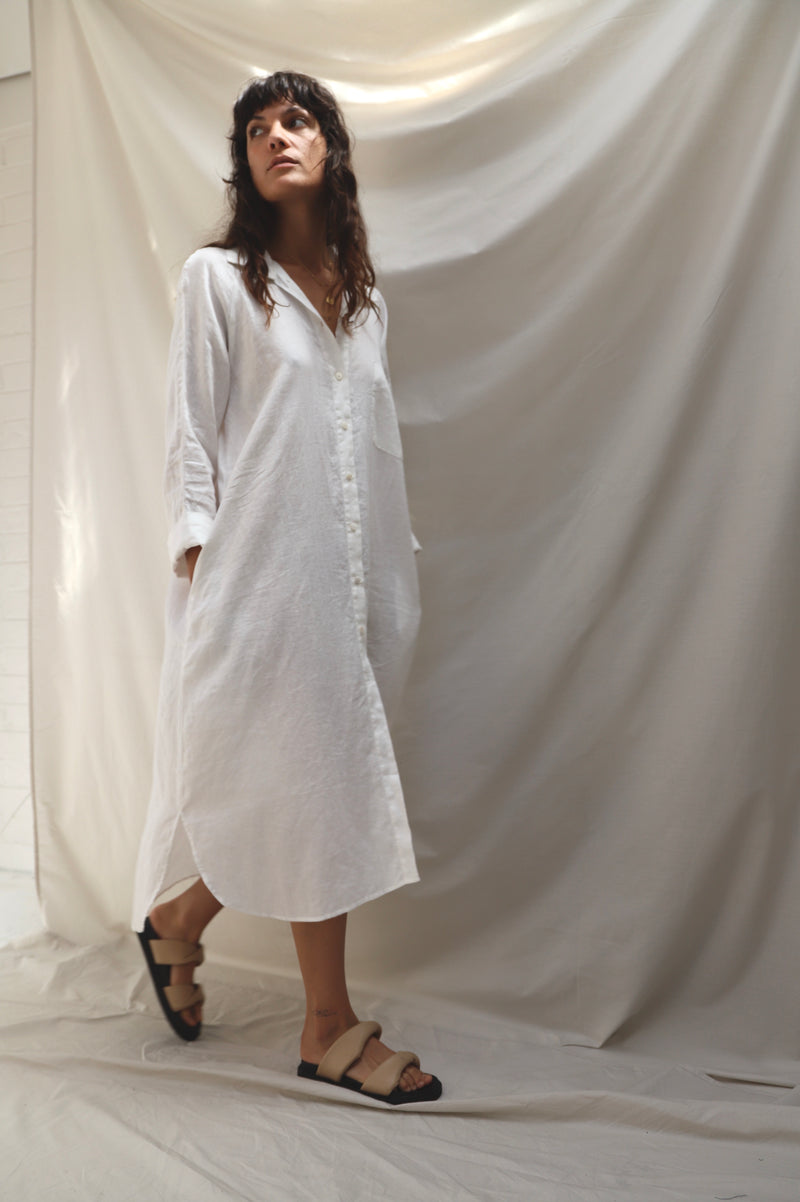 The Laundered Linen Shirt Dress - White - PRE ORDER